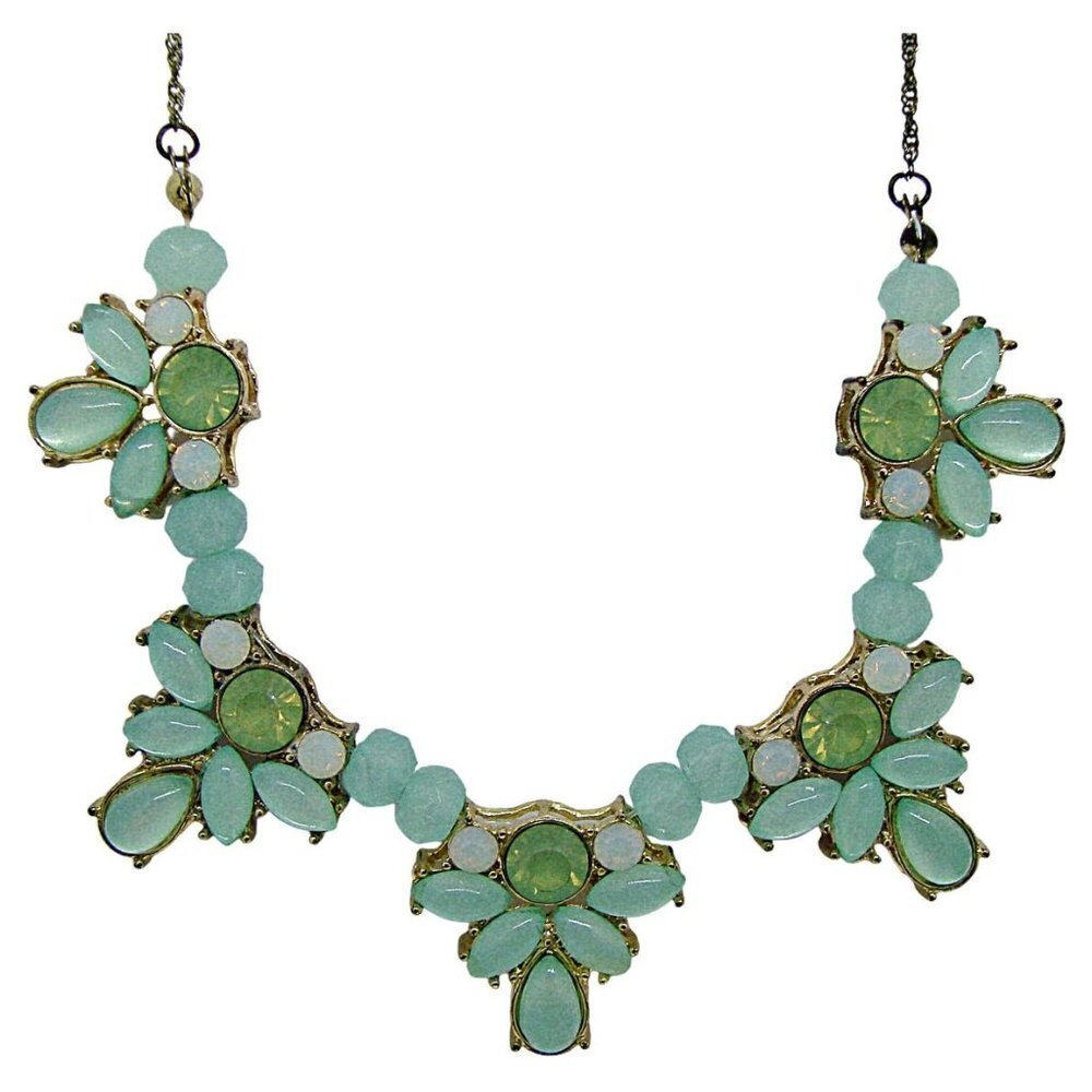 Vintage Floral Greens Chunky Statement Necklace Gold Tone Mint, Seafoam Peridot